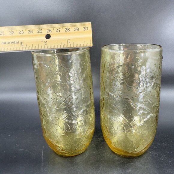 Anchor Hocking Sherwood Amber Glass Leaf Textured Glasses Vintage Glassware Set2 - Picture 4 of 12